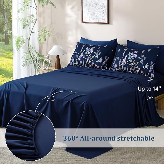 Yiran Navy Floral Comforter Set Queen Size, 7 Piece Blue Botanical Flowers Comforter Bedding Set, Bed in a Bag Queen, Soft Microfiber Complete Bedding Set with Sheets for All Season
