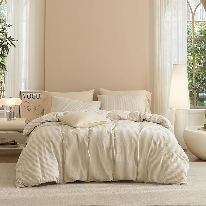 JIYUAN 100% Washed Cotton Striped Duvet Cover Set 3 Pieces King, 1 Duvet Cover and 2 Pillowcases(Comforter Not Included),Linen Like Comfy and Breathable,Pinstripes - Beige White