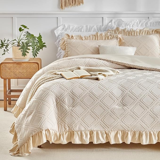 Flysheep Tufted Grids Ruffle Comforter Set Twin Size, 3 Pieces Beige Vintage Farmhouse Shabby Chic Comforters, Jacquard Boho Bohemian Bedding Set for Kids (1 Ruffled Comforter+ 2 Pillow Shams)
