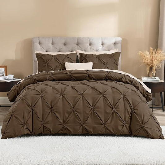 Litanika Brown California King Pinch Pleat Duvet Cover, 3 Pieces Pintuck Cover Soft Microfiber Bedding Set with Zipper Closure & Corner Ties(1 Duvet Cover, 2 Pillowcases)