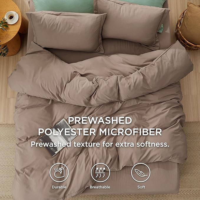 Bedsure California King Size Duvet Cover with Fitted Sheet - 4 Pieces Prewashed Cotton-Like Polyester Extra Soft Bedding Set, Includes 1 Duvet Cover 104''x98'', 2 Pillow Shams, 1 Fitted Sheet, Khaki