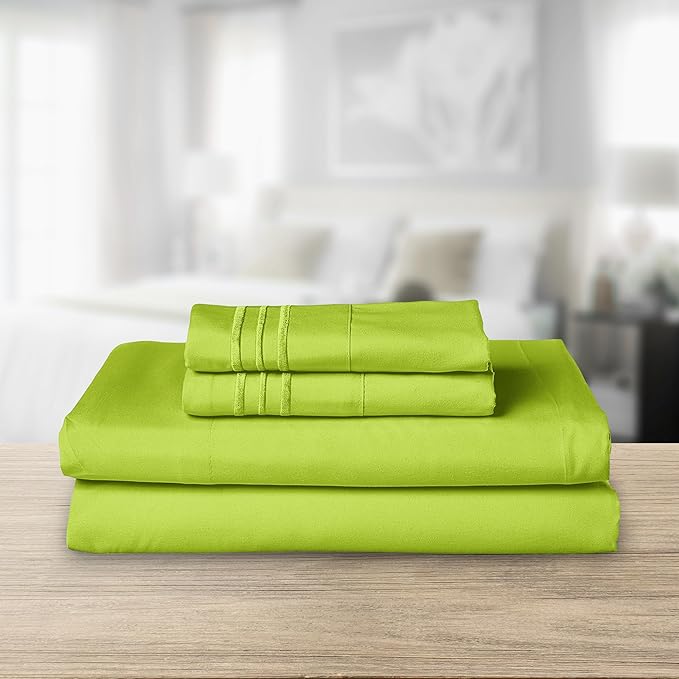 Elegant Comfort Luxurious 1500 Premium Hotel Quality Microfiber Three Line Embroidered Softest 4-Piece Bed Sheet Set, Wrinkle and Fade Resistant, Queen, Lime
