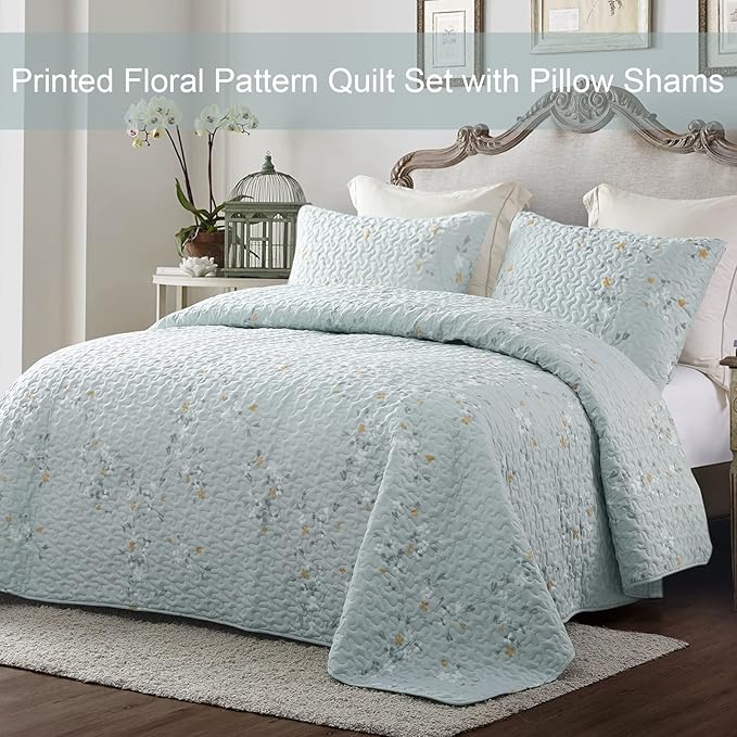 Exclusivo Mezcla Reversible Boho Quilts King Size, Aqua Bedspreads Lightweight Coverlet All Season Flowers Quilt Bedding Set with Printed Floral Pattern (1 Quilt, 2 Pillow Shams)