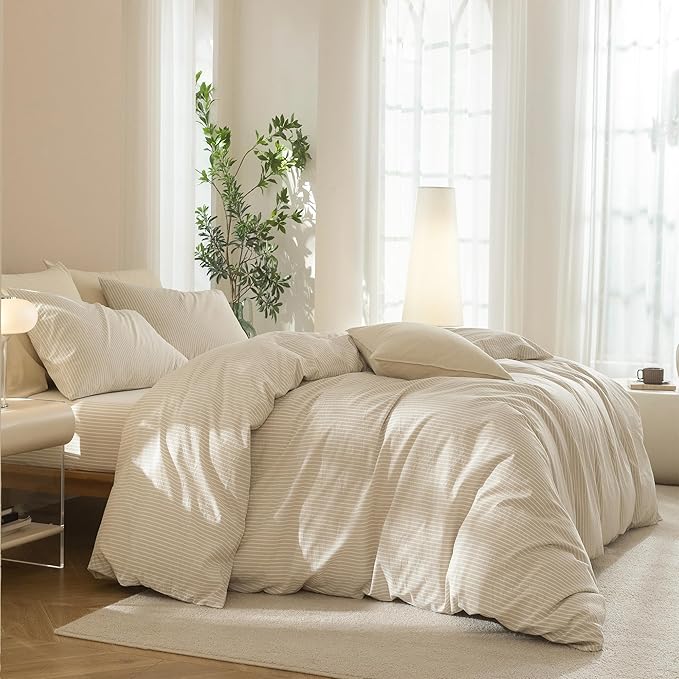 JIYUAN 100% Washed Cotton Striped Duvet Cover Set 3 Pieces Queen, 1 Duvet Cover and 2 Pillowcases(Comforter Not Included),Linen Like Comfy and Breathable,Pinstripes - Beige White