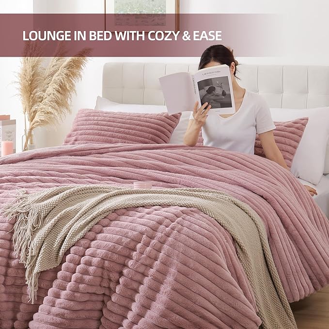 Smoofy Fluffy Full Size Comforter Sets 3 Pieces - Old Pink Fleece Fluffy Comforter Set, Luxury Fuzzy Full Bed Set, Soft Comforter Full Size All Season, Heavy Faux Fur Comforter with 2 Pillow Cases