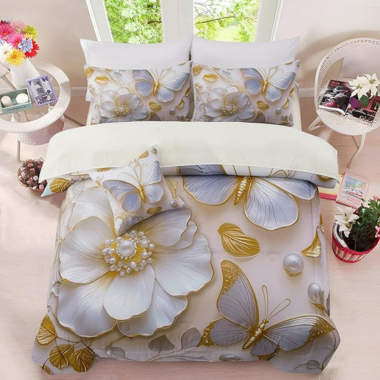 A Nice Night Full 6pcs Bed in A Bag Glod Dreamy 3D Butterfly Printed, Pearl Flower Design Butterflies Bedding Full Comforter Set, for Girls Kids Teens