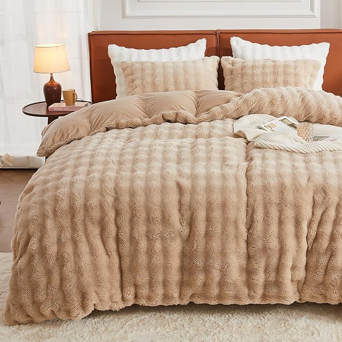 EMME Faux Fur Duvet Cover Twin Size, 2 Pieces Ultra Soft Fluffy Comforter Cover, Cozy Warm for Winter, Luxury Elegant Shaggy Bubble Design Bedding, 1 Duvet Cover & 1 Pillow Shams (Twin, Beige)