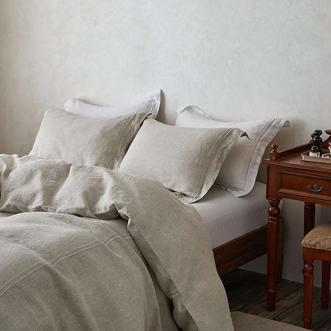 Simple&Opulence 100% Washed Linen Duvet Cover Set 68"x86" - 2 Pieces Soft Farmhouse Comforter Set Double Embroidered with Button Closure - 1 Duvet Cover and 1 Pillowsham (Linen, Twin)
