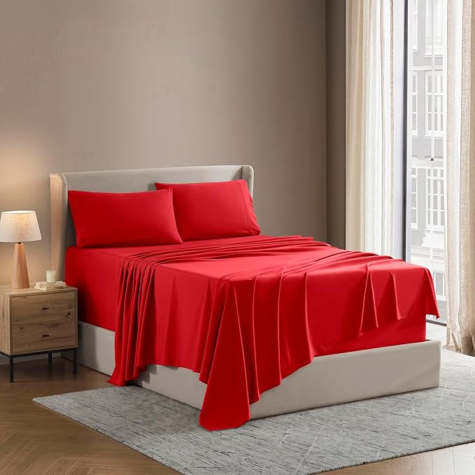 Nestl Full Sheet Set - Luxury 1800 Ultra-Soft Microfiber Full Bed Sheets - Double Brushed - Deep Pockets - Easy Fit - 4 Piece Set - Bedding Sheets & Pillowcases (Full, Red)