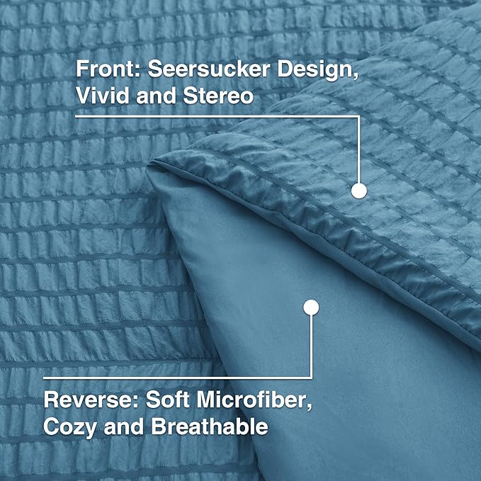 Love's cabin Seersucker Misty Blue King Size Comforter Set, 7-Piece All Season Lightweight Bed in a Bag Bedding Set with Comforter, Flat Sheet, Fitted Sheet, Pillowcases and Shams | Soft, Breathable, Lightweight