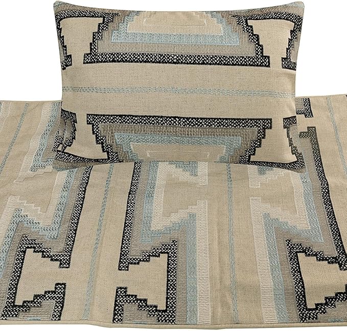 The HomeCentric King Queen Twin Blue & Ivory Designer Twin 53"x18" Bed Runner with 2 Pillow Cover, Embroidered Bed Scarf on Cotton Fabric - Aztec Armour