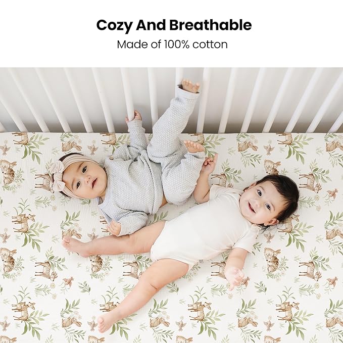 Konssy Muslin Crib Sheets 2 PCS, 100% Cotton Baby Crib Sheets for Standard Crib Mattress (28"x 52"), Soft and Breathable for Boys, Girls (Woodland,Sage)