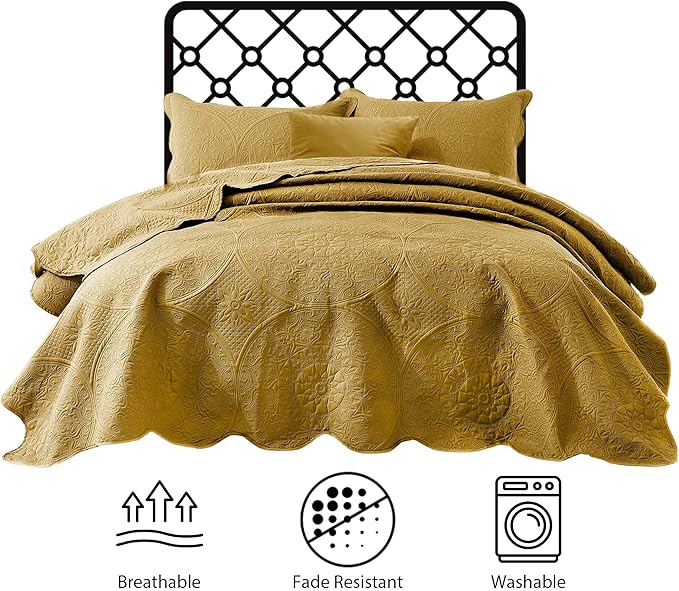 IR Imperial Rooms 8 Pack California King Quilt Bedding Set (118"x106") - Bulk Wholesale for Hotels, Guest Bedroom & Airbnbs - Microfiber Reversible Floral Embossed Quilts Bedspreads (Ochre)
