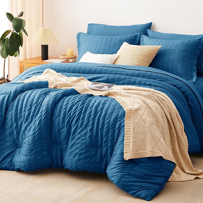 CozyLux King Seersucker Comforter Set with Teal Bed in a Bag 7-Piece All Season Bedding Set with Comforter, Pillow Sham, Flat Sheet, Fitted Sheet, Pillowcase