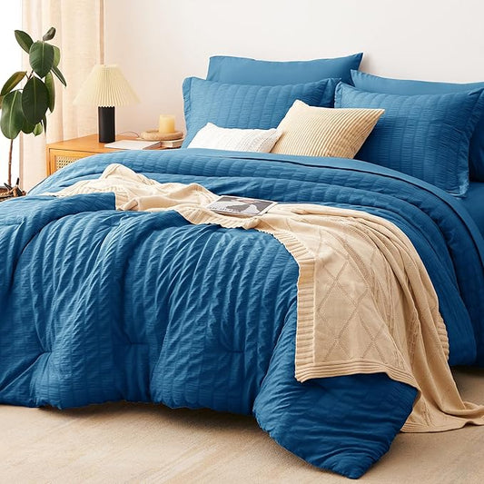 CozyLux King Seersucker Comforter Set with Teal Bed in a Bag 7-Piece All Season Bedding Set with Comforter, Pillow Sham, Flat Sheet, Fitted Sheet, Pillowcase