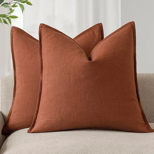Foindtower Pack of 2, Decorative Linen Soild Throw Pillow Covers Soft Accent Cushion Case Farmhouse Neutral Pillowcase for Chair Couch Sofa Bedroom Living Room Home Decor 16 x 16 Inch Fall Rust Orange