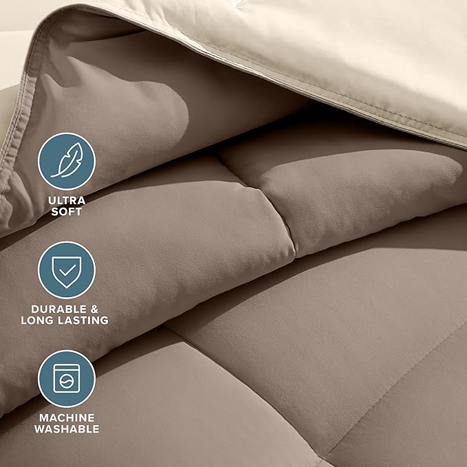 Bare Home Reversible Bed-in-A-Bag Comforter & Sheet Set - Twin - Down Alternative - Soft - Bedding Set (Twin, Taupe/Sand, Taupe)