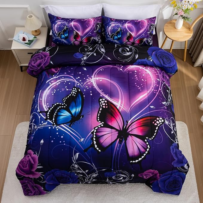 A Nice Night Galaxy 6pcs Bed in a Bag Purple and Blue Dreamy 3D Butterfly Printed, Butterflies Bedding Full Comforter Set, for Girls Kids Teens