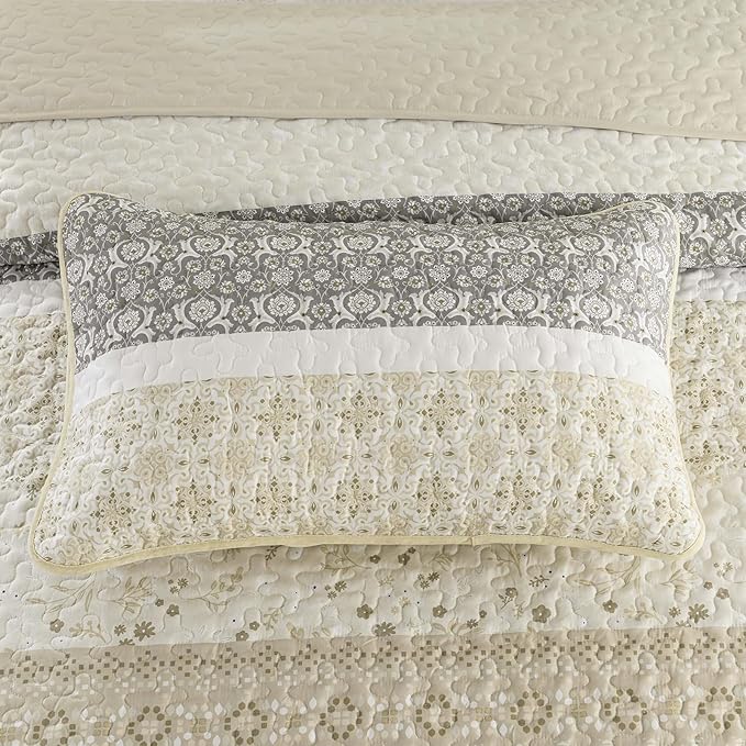 WONGS BEDDING Boho Quilt Set Full Size,Beige Bohemian Striped Patchwork Bedspread Set,3 Pieces Microfiber Bedding Set for All Seasons (78"×90")