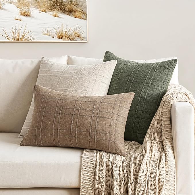 MIULEE Decorative Linen Check Throw Pillow Covers Neutral Farmhouse Vintage Pillow Covers 20x20 Set of 2 Boho Modern Winter Home Decor for Sofa Couch Bedroom Cushion Light Brown