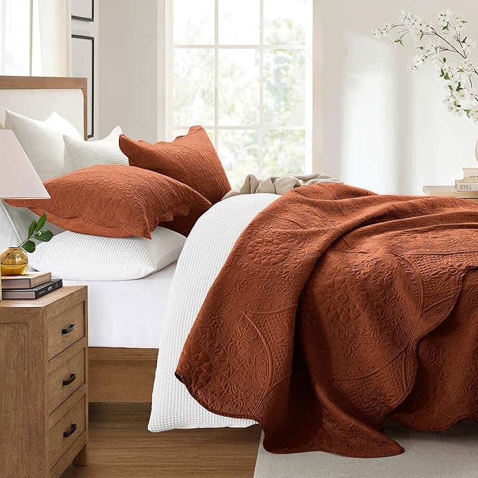 IR Imperial Rooms Twin Quilt Bedding Set Size (68” x 86”) + 1 Pillow Shams (20” x 26” + 2”) - 2 Pcs All Season Lightweight Reversible Microfiber Coverlet Floral Embossed Quilt Bedspread (Rust)