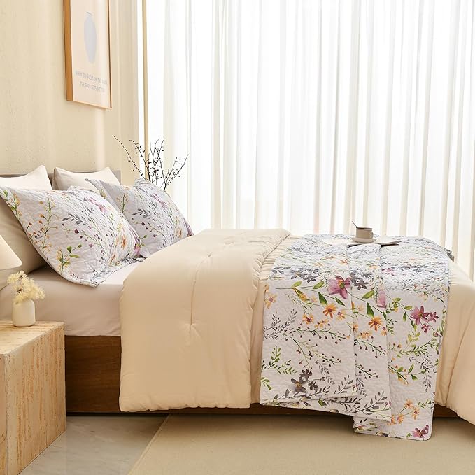 QSH 100% Cotton Quilt King Size Bedding Set (110"x98") 3Pcs Floral Quilt Set Yellow Wild Flower Botanical Printed Bedspread Coverlet King Soft Lightweight Bed Set with Pillowshams
