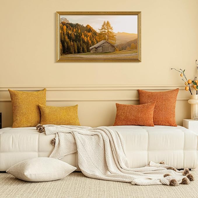 a moment Orange Chenille Throw Pillow Covers 16x16 Inch Pack of 2 Modern Decorative Throw Pillow Covers Farmhouse Cross Covers Home Decor for Sofa Bedroom Living Room