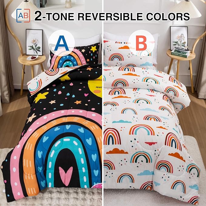 Btargot Lightweight Soft 3 Piece Rainbow Comforter Set with 2 Pillow Covers, Cartoon Love Hearts Flowers and Sun Moon Star Bedding Set for Girls Boys Kids, Full Black