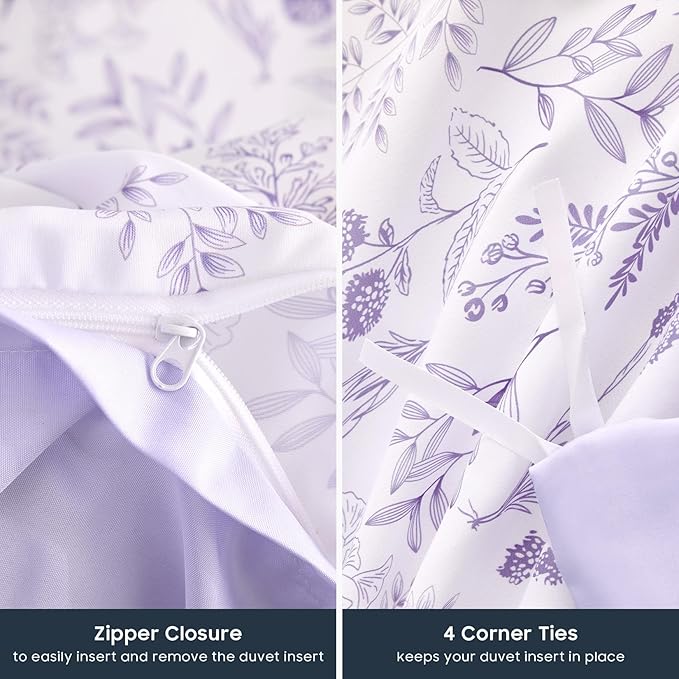 Wake In Cloud - Floral Duvet Cover Set, Botanical Vintage Flower Coquette Cottagecore Aesthetic for Women Teen Girls, Soft Lightweight Bedding, 3-Piece, Lilac, Twin/Twin XL Size