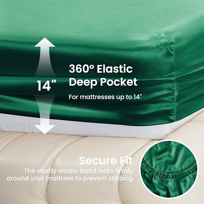Love's cabin Full Size Satin Sheet Set - 4 Piece Dark Green Silky Satin Sheet Set with Deep Pocket, Luxury Silk Feel Satin Bed Sheets Full Bedding Set (1 Flat Sheet,1 Fitted Sheet,2 Pillow Cases)