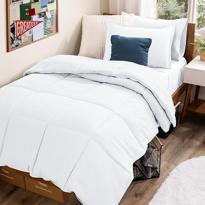 Bare Home Bedding Set 4 Piece Comforter & Sheet - Twin XL - Goose Down Alternative - Ultra-Soft 1800 Premium Bed Set (Twin XL, White/White)