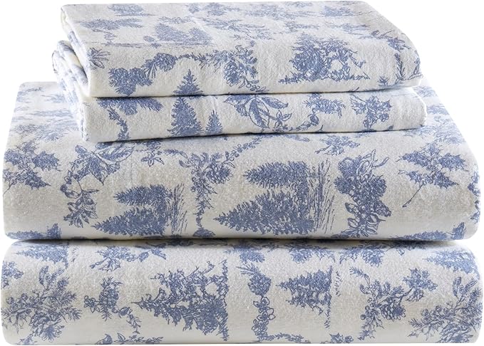 True North by Sleep Philosophy Cotton Sheet Set Cozy Print 100% Cotton Flannel Sheets Bedding Set, Oversized Sheets, Deep Pocket Fits Up to 14" Mattress King Bed Sheets King Toile Pine Trees 4 Piece
