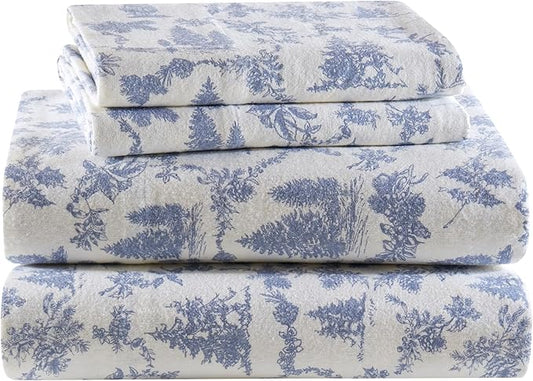 True North by Sleep Philosophy Cotton Sheet Set Cozy Print 100% Cotton Flannel Sheets Bedding Set, Oversized Sheets, Deep Pocket Fits Up to 14" Mattress King Bed Sheets King Toile Pine Trees 4 Piece