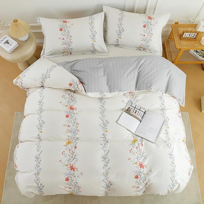OAITE Duvet Cover Set Queen Size Floral Pattern Ultra Soft 100% Cotton Duvet Cover Sets 3-PC, Breathable Duvet Cover with Zipper Closure & Corner Ties(2 Pillow Shams,1 Duvet Cover)