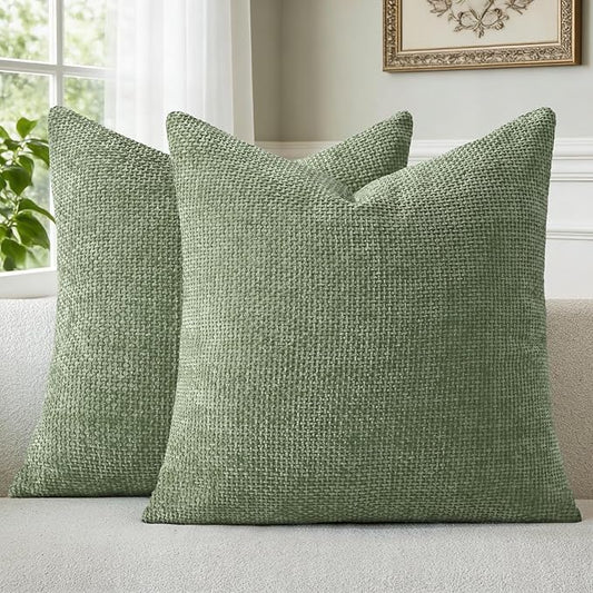 a moment Moss Green Chenille Throw Pillow Covers 16x16 Inch Pack of 2 Modern Decorative Throw Pillow Covers Farmhouse Cross Covers Home Decor for Sofa Bedroom Living Room