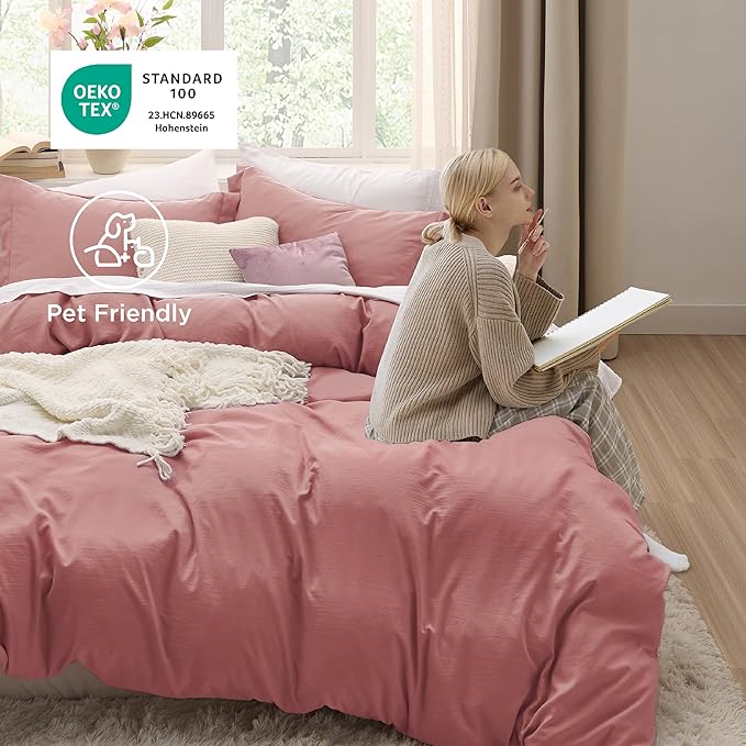 Bedsure Pink Clay Duvet Cover King Size - 3 Pieces Prewashed Cotton-Like Extra Soft Bedding Set, Includes 1 Duvet Cover 104x90 Inches with Zipper Closure & 2 Pillow Shams, Comforter Not Included