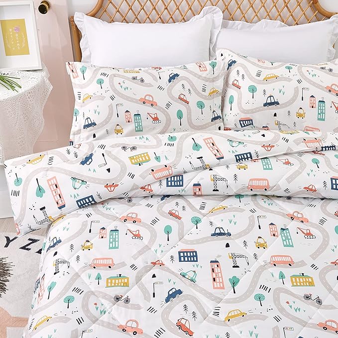 JSD Car Kids Comforter Set Full Size, 3 Piece Printed Microfiber Comforter with Pillow Sham, Lightweight All Season Washable