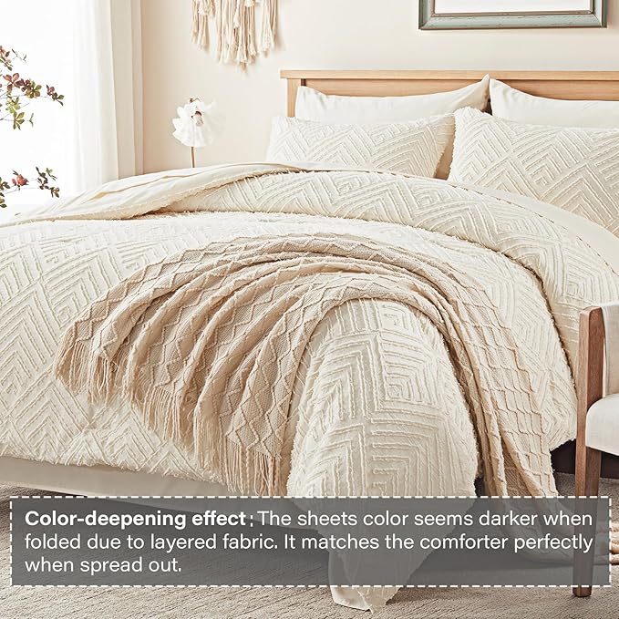 Zzlpp Queen Comforter Set 7 Pieces, Cream Tufted Bed in a Bag with Comforter and Sheets, All Season Boho Bedding Sets with 1 Comforter, 2 Pillow Shams, 2 Pillowcases, 1 Flat Sheet, 1 Fitted Sheet