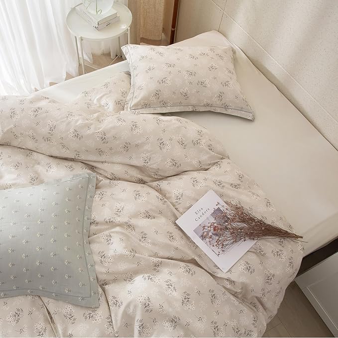 HighBuy Boho Floral Duvet Cover Twin XL Cotton Aesthetic Bedding Set,Comforter Cover 3 Piece,Reversible Green Garden Lightweight,Soft,Zipper Closure,Breathable,All Season