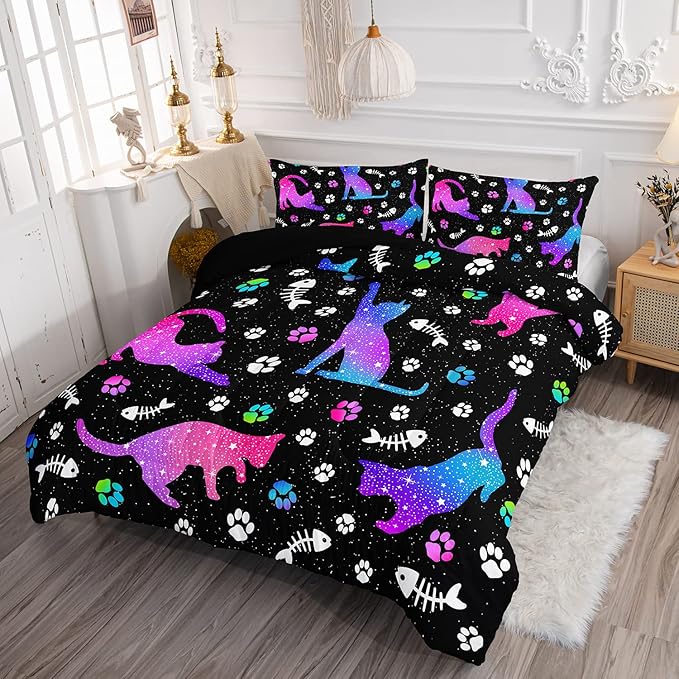 Cute Cat Comforter Kids Bedding Set Twin,3Pcs Soft Paw Fish Bone Print Quilt Set Bed in A Bag with 1 Comforter 2 Pillowcases for Kids Boys Girls Teens Adults Room Decor All Season Gradient Blue