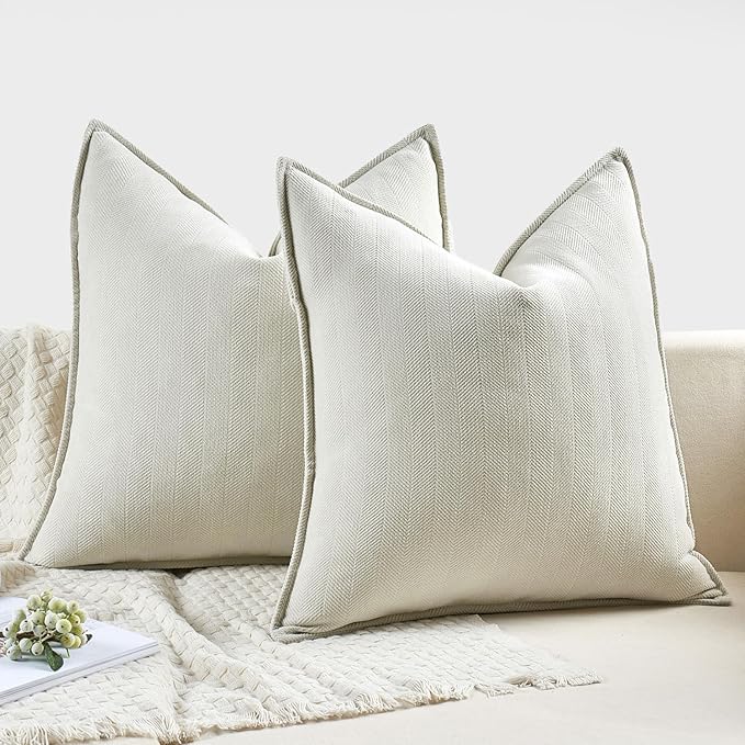 MIULEE Pack of 2 Cream Decorative Pillow Covers 18x18 Inch Soft Chenille Luxurious Couch Throw Pillows Farmhouse Cushion Covers with Elegant Design for Sofa Bedroom Living Room Spring Home Decor