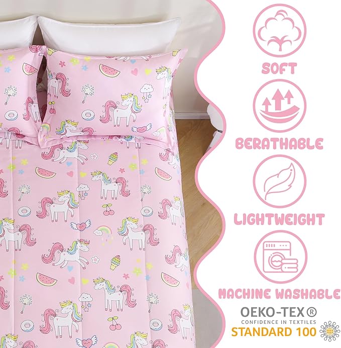 Yibeizi Pink Unicorn Comforter Set for Girls Twin, Kids Rainbow Sweet Printed Bedding Set with Pillow Sham, Cute Lightweight Soft Breathable Machine Washable Quilted Bed Comforter Set 2 Piece