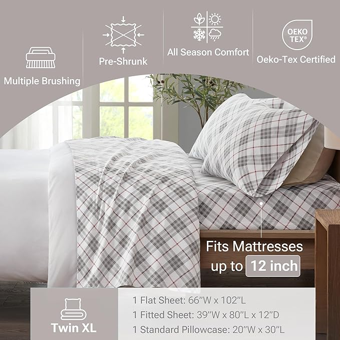 True North by Sleep Philosophy Cozy Flannel Warm 100% Cotton Sheet - Novelty Print Animals Stars Cute Ultra Soft Cold Weather Bedding Set, Twin XL, Red Plaid 3 Piece