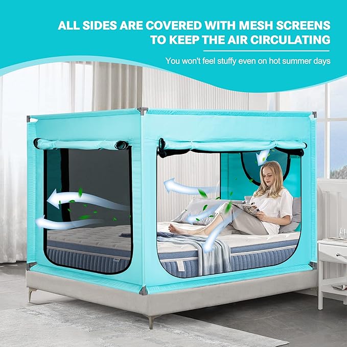 Twin Bed Canopy Portable Blackout Bed Tent Privacy Tent for Adult Indoor Sleeping with 3 Doors, Storage Bag, Teal