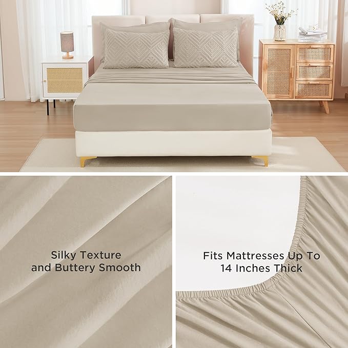 Andency Oatmeal Super King Plus Size Comforter Set with Sheets - 7 Pieces Bed in a Bag Boho Tufted Bedding Sets Fluffy Lightweight Oversized King Bed Set with Comforter, Sheets, Pillowcases & Shams