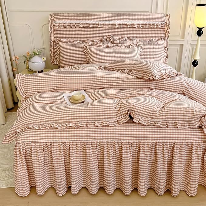 LifeTB Pink Gingham Comforter Set King 3 Pieces Ruffle Pink Plaid Comforter Set Fluffy Soft Grid Bedding Set Vintage Checkered Comforter with 2 Pillowcases Farmhouse Gingham Plaid Bedding Set King