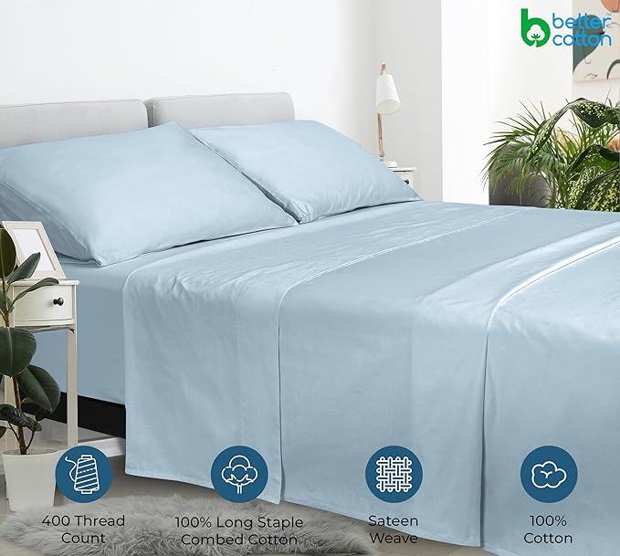 Royale linen 400 Thread Count 100% American Grown Cotton Flat Sheet - Cooling Sheets - Full Sheets - Luxury Sateen Weave - Full Flat Sheet Sold Separately - Blue Flat Sheet Only (Full, Caribbean Blue)