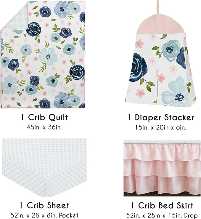 Sweet Jojo Designs 4-Piece Baby Crib Bedding Set (Pink/Blue Boho Floral) for Girls, Infants/Nursery incl. Blanket, Fitted Sheet, Skirt, Diaper Stacker (Watercolor, Rose, Polka Dot, Shabby Chic, Navy)