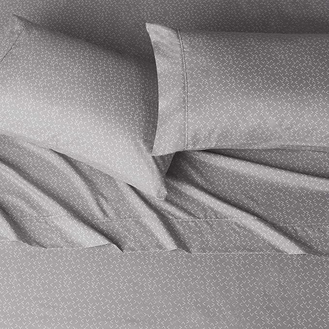 Amazon Basics Lightweight Breathable Wrinkle Resistant Brushed Microfiber 4 Piece Bed Sheet Set with 14-Inch Deep Pockets, King, Grey Arrows, Printed