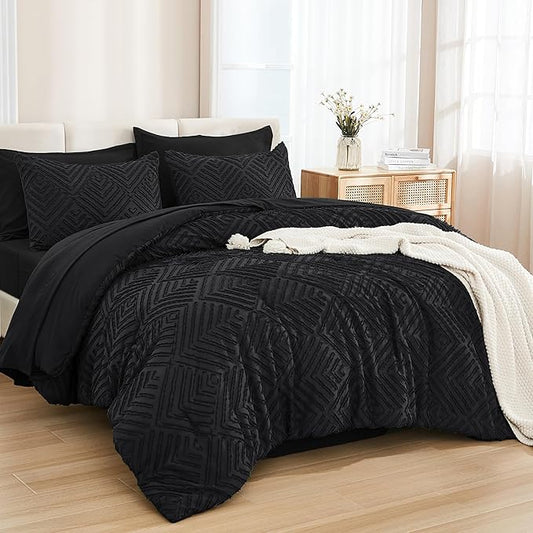 Andency Black Full Size Comforter Sets with Sheets - 7 Pieces Bed in a Bag Boho Tufted Bedding Sets Fluffy Lightweight Full Bed Set with Comforter, Sheets, Pillowcases & Shams for All Season